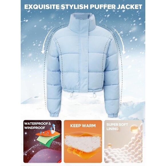 Women's Cropped Puffer Jacket Long Sleeve Puffy Coat Stand Collar Zip UP Blue - Picture 2 of 6